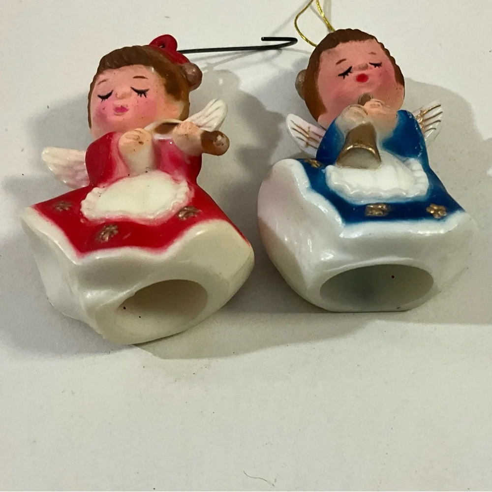 Vintage Lot of 2 MCM Plastic Christmas Angels Red and Blue